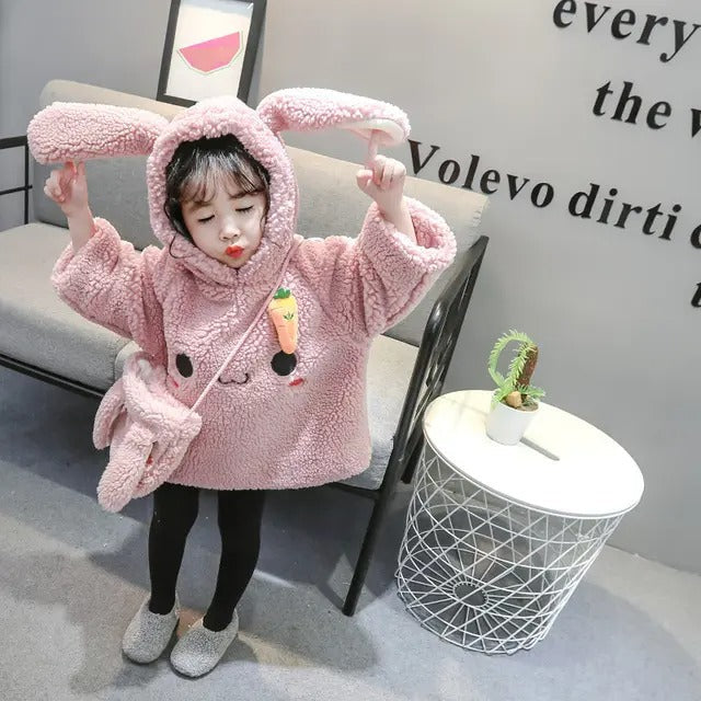 Pink Bunny Hoodie Girls Dress with Bunny Bag – Cozy Fleece Outfit
