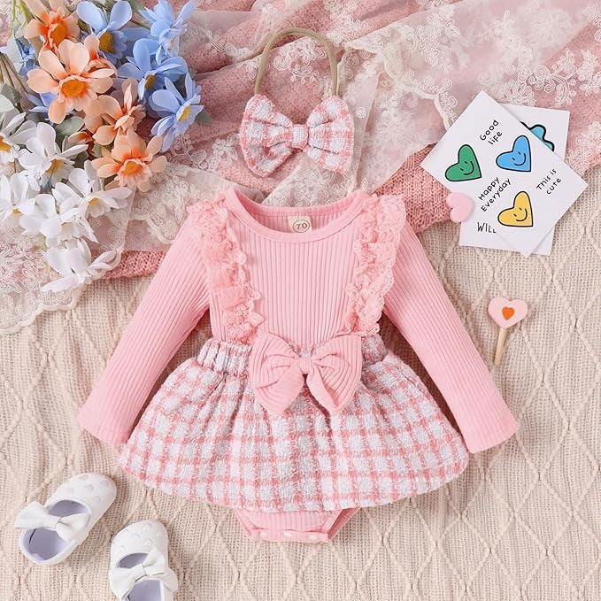 Pink Checkered Baby Girls Romper Dress Set with Hairband – Soft Cotton Outfit