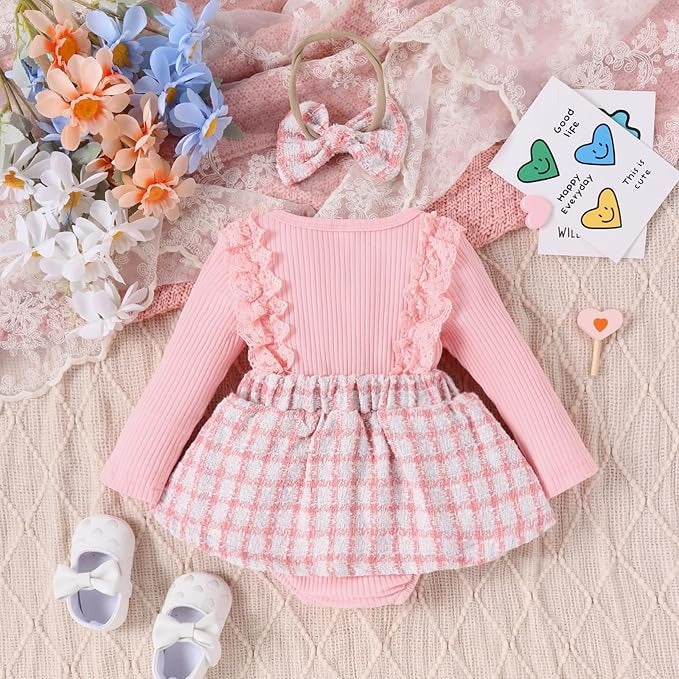 Pink Checkered Baby Girls Romper Dress Set with Hairband – Soft Cotton Outfit