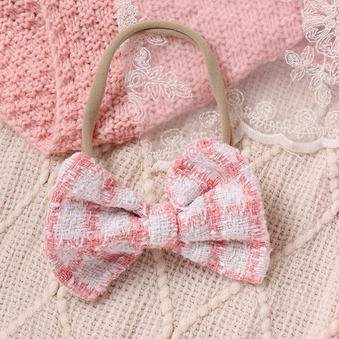 Pink Checkered Baby Girls Romper Dress Set with Hairband – Soft Cotton Outfit