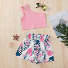 Pink One Shoulder Top and Shorts Girls Set – Trendy Summer Outfit for Kids, Soft Cotton Blend