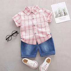 Pink Plaid Shirt and Shorts Boys Set – Stylish Cotton Summer Outfit for Toddlers and Kids