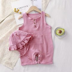 Pink Sleeveless Girls Romper with Matching Hat – Soft Cotton Summer Outfit for Babies and Toddlers