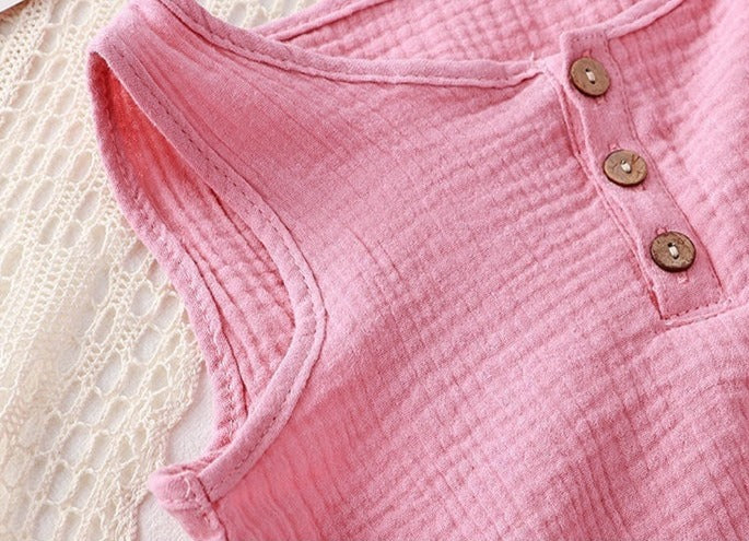 Pink Sleeveless Girls Romper with Matching Hat – Soft Cotton Summer Outfit for Babies and Toddlers