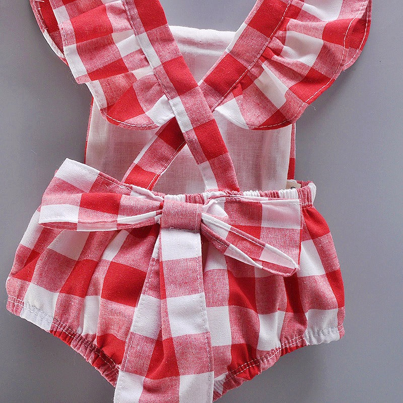 Noa Plaid Baby Girls Princess Romper with Bow Pin – Soft Cotton Party Outfit