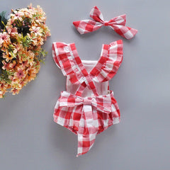 Noa Plaid Baby Girls Princess Romper with Bow Pin – Soft Cotton Party Outfit