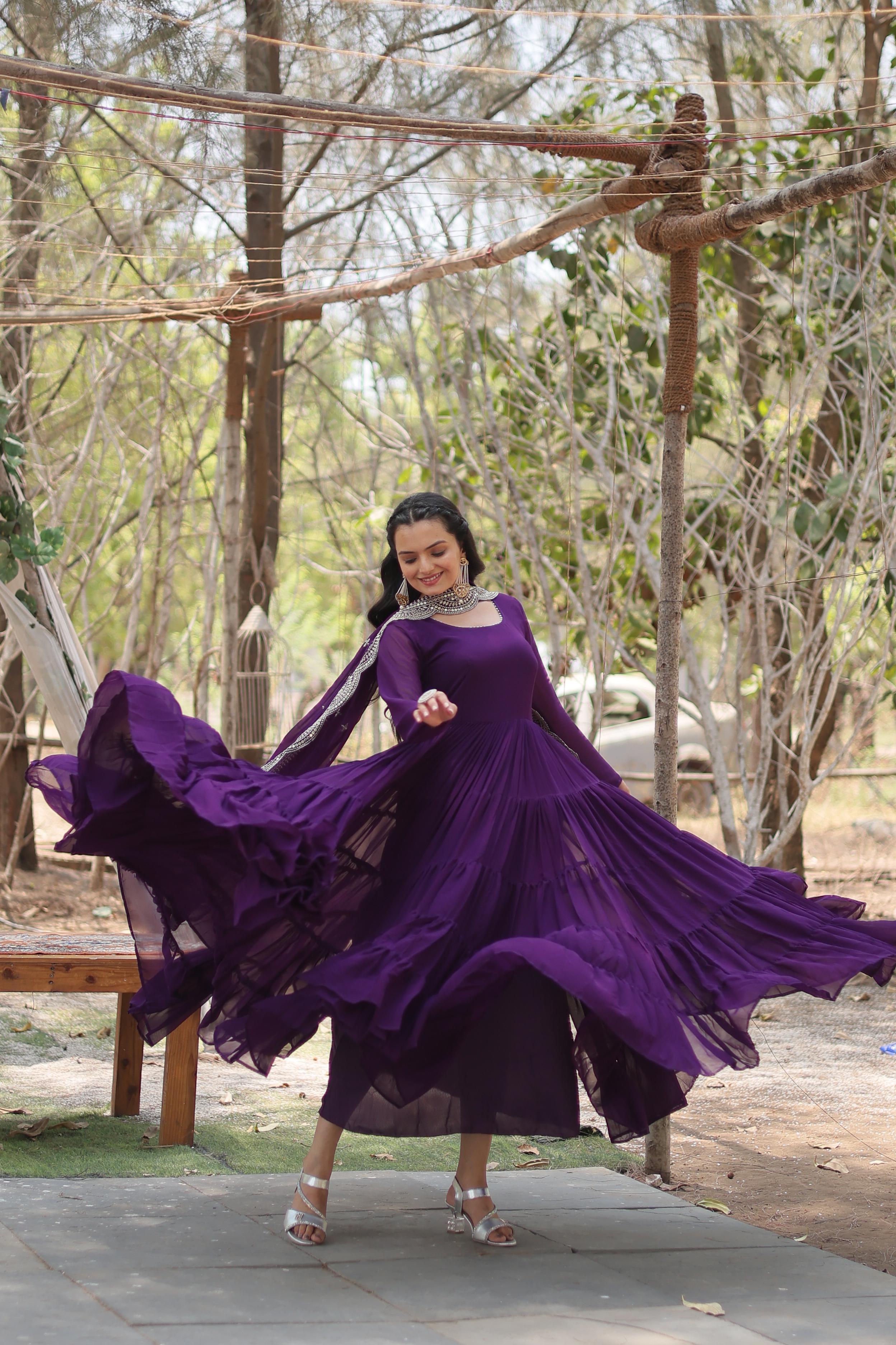 Purple Embroidered Faux Blooming Gown with Sequined Dupatta