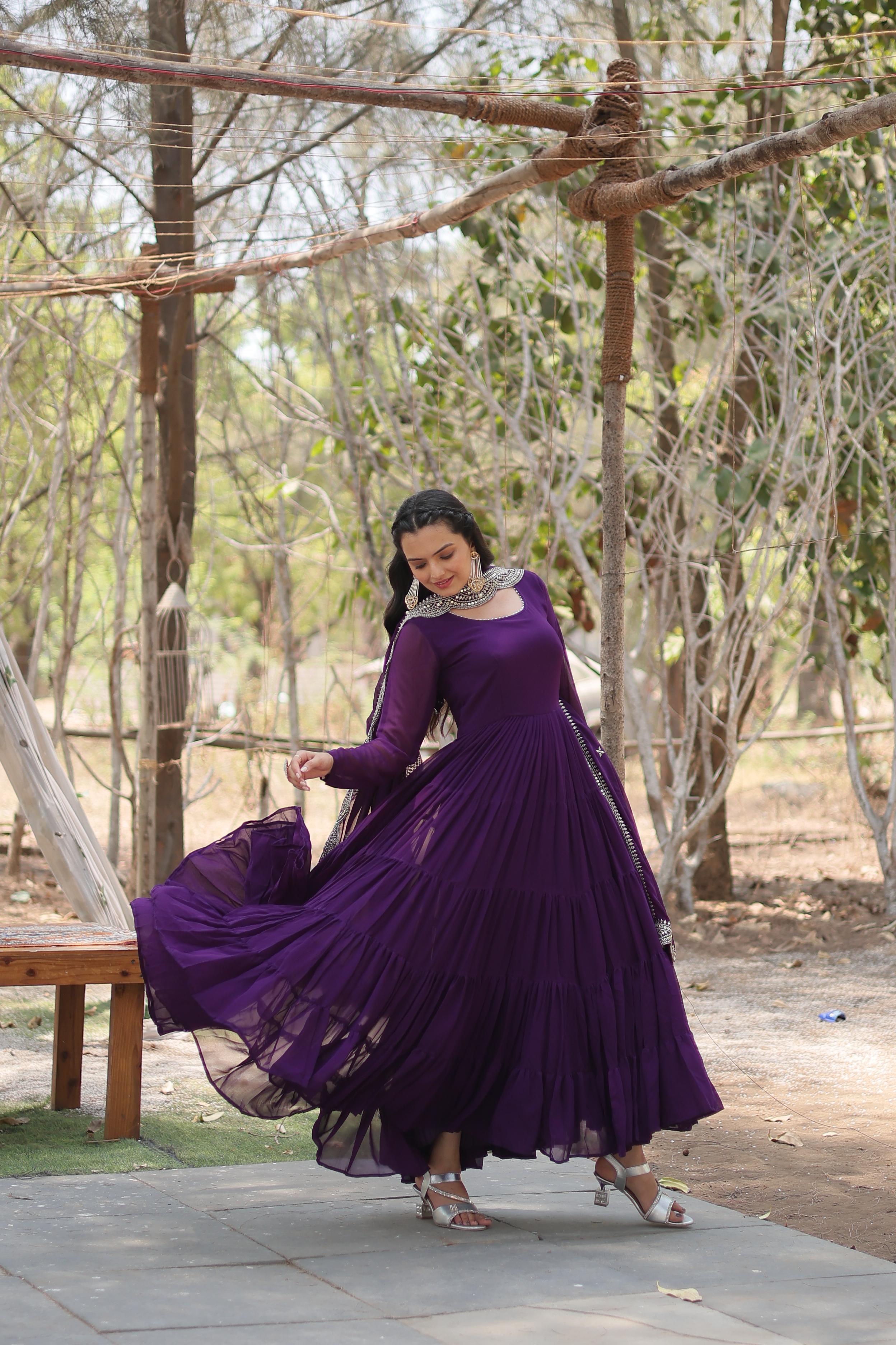 Purple Embroidered Faux Blooming Gown with Sequined Dupatta
