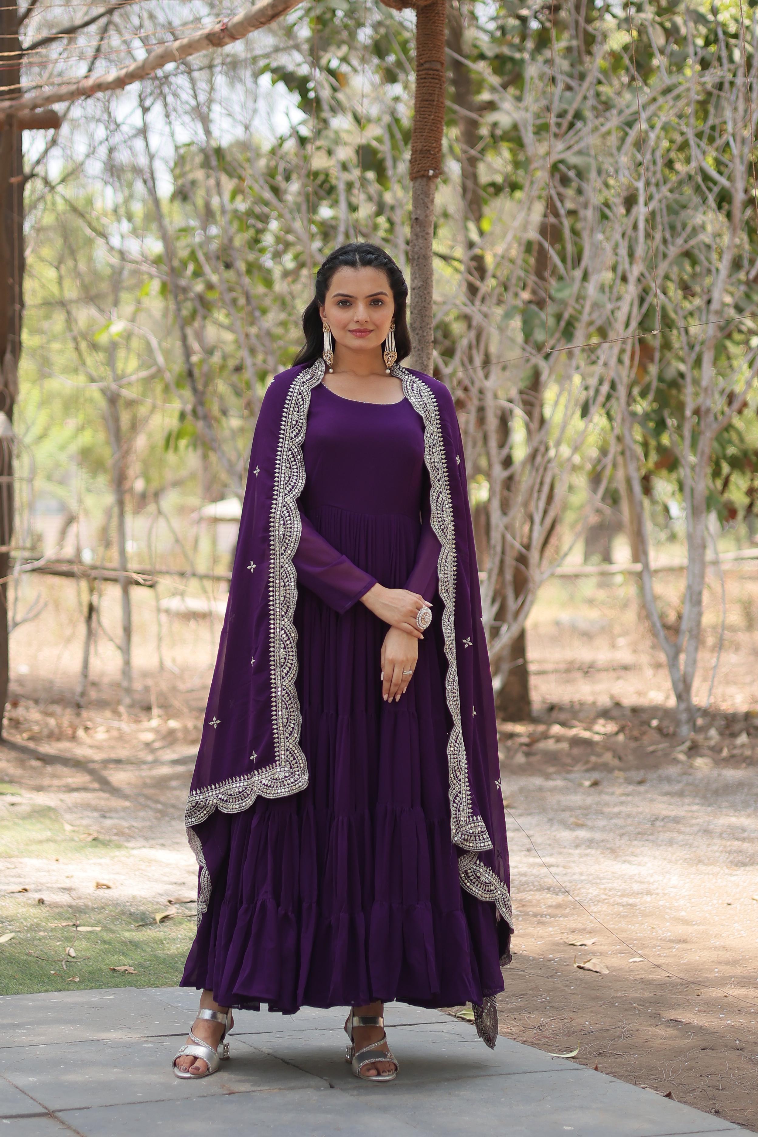 Purple Embroidered Faux Blooming Gown with Sequined Dupatta