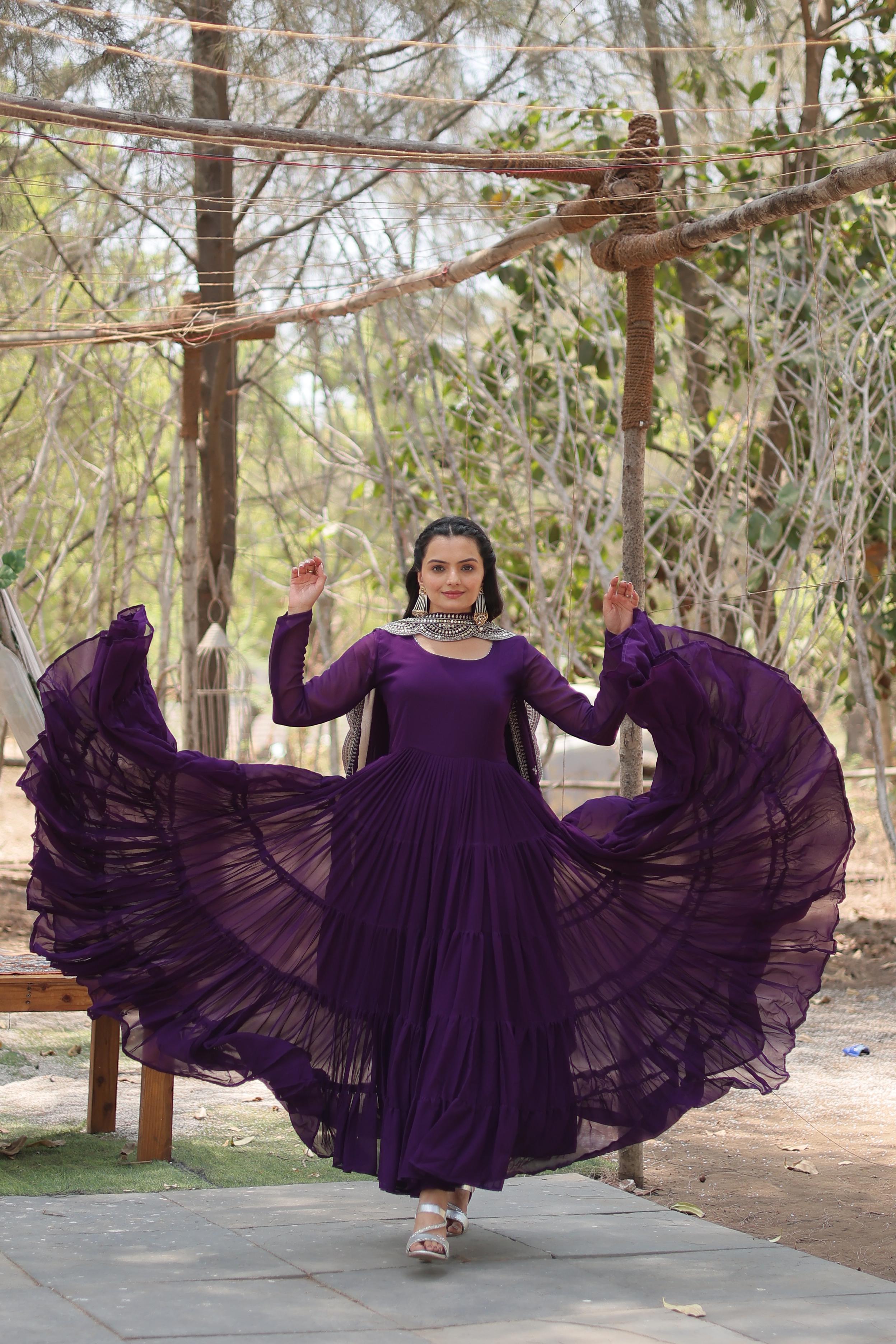 Purple Embroidered Faux Blooming Gown with Sequined Dupatta