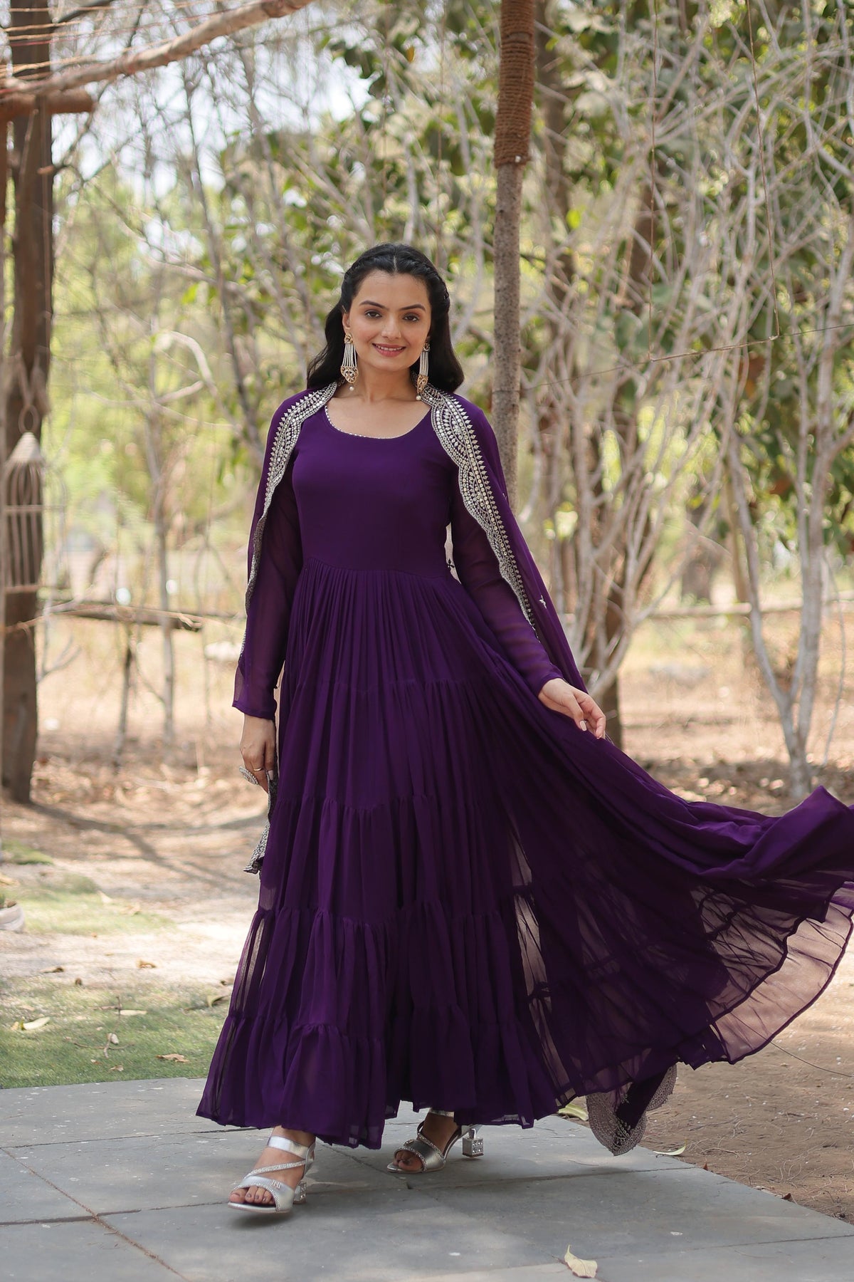Purple Embroidered Faux Blooming Gown with Sequined Dupatta