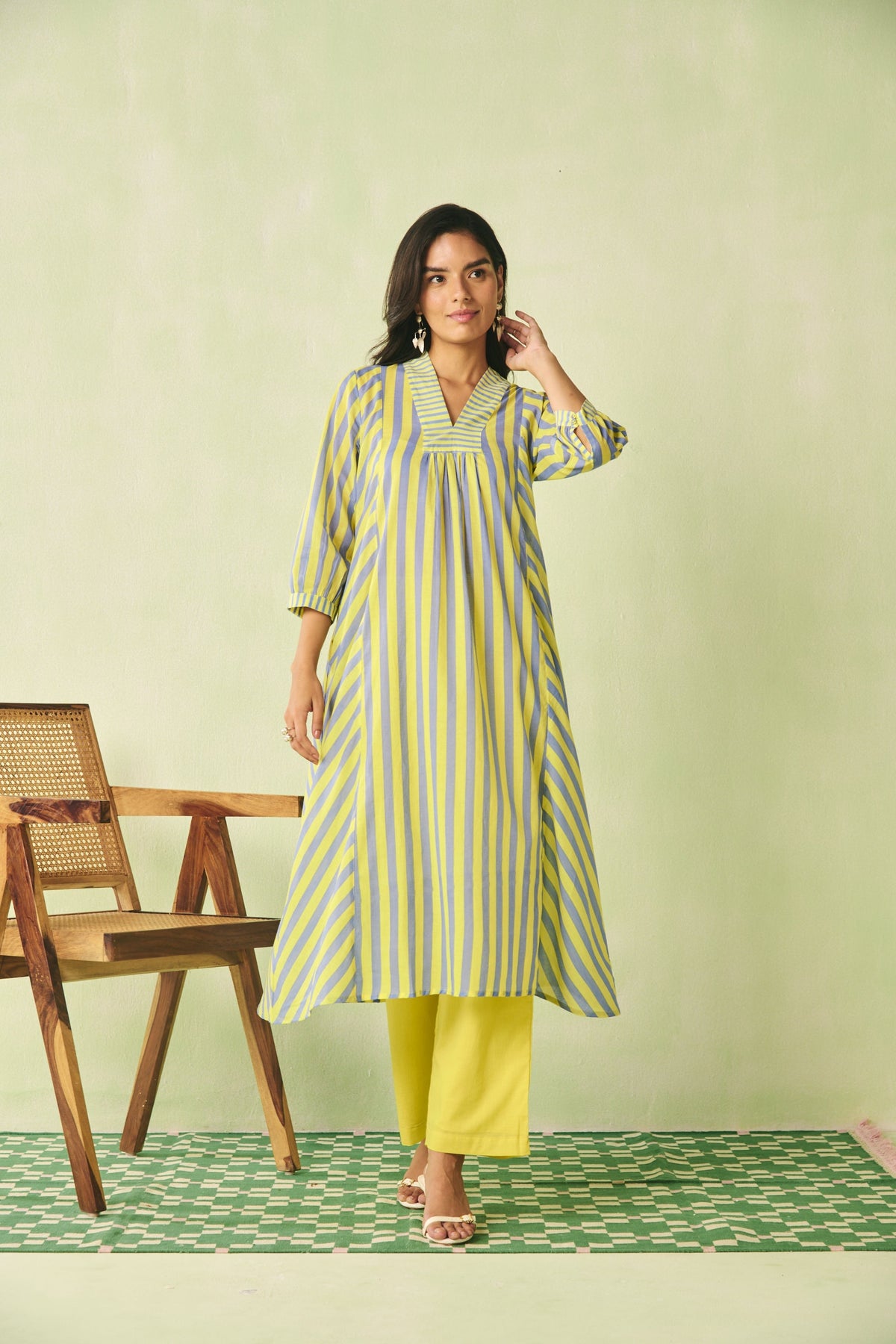 Yellow & Blue Striped Flared Cotton Kurta