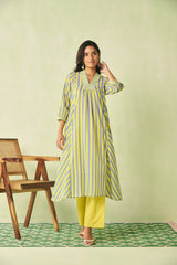 Yellow & Blue Striped Flared Cotton Kurta