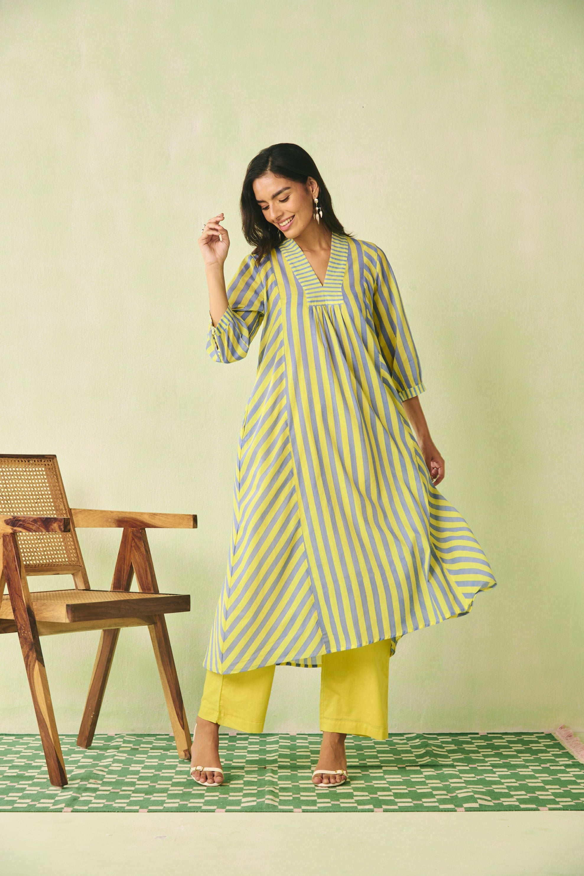 Yellow & Blue Striped Flared Cotton Kurta