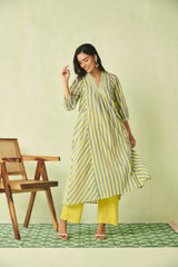 Yellow & Blue Striped Flared Cotton Kurta