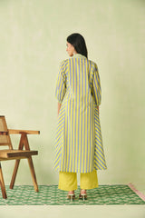 Yellow & Blue Striped Flared Cotton Kurta