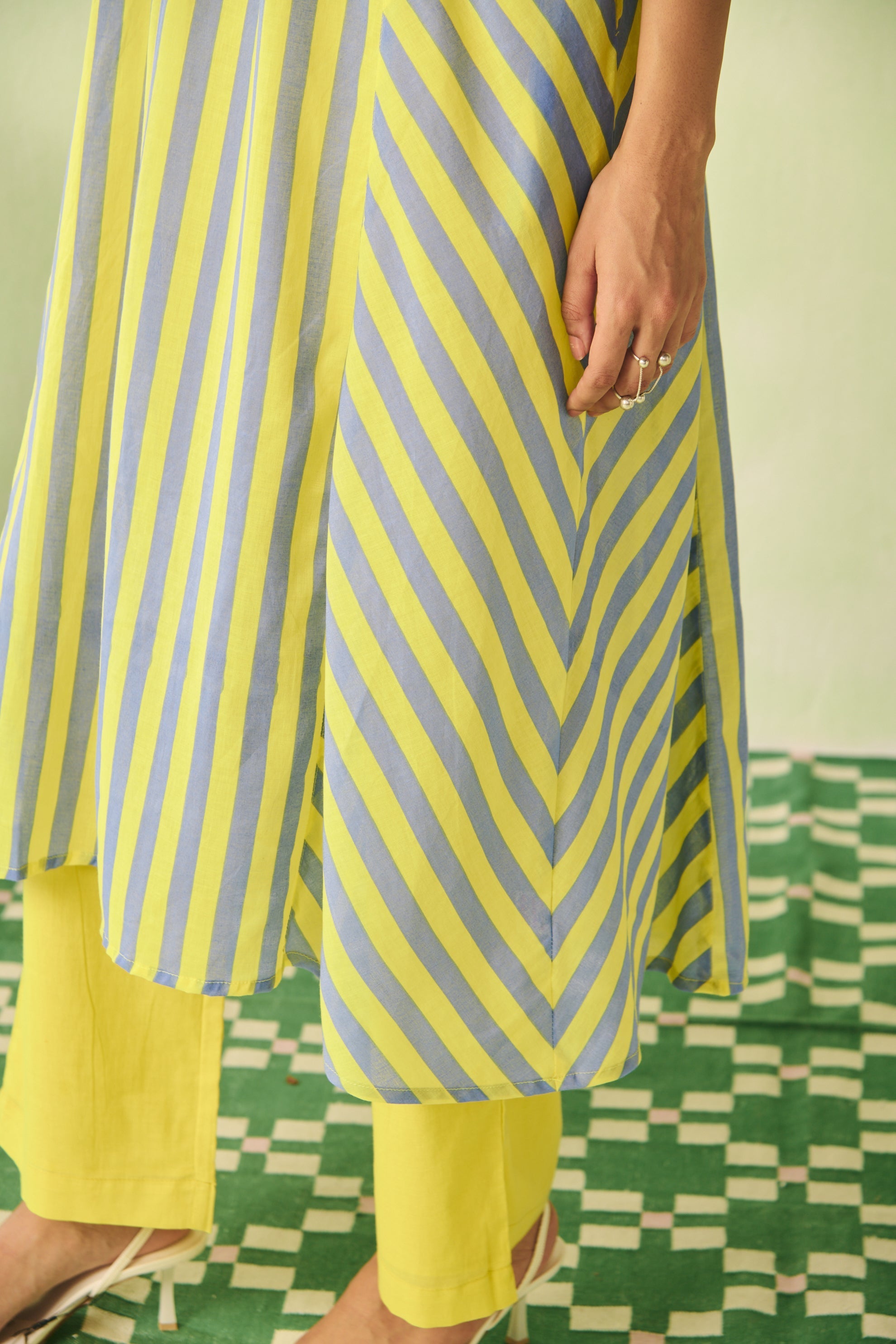 Yellow & Blue Striped Flared Cotton Kurta