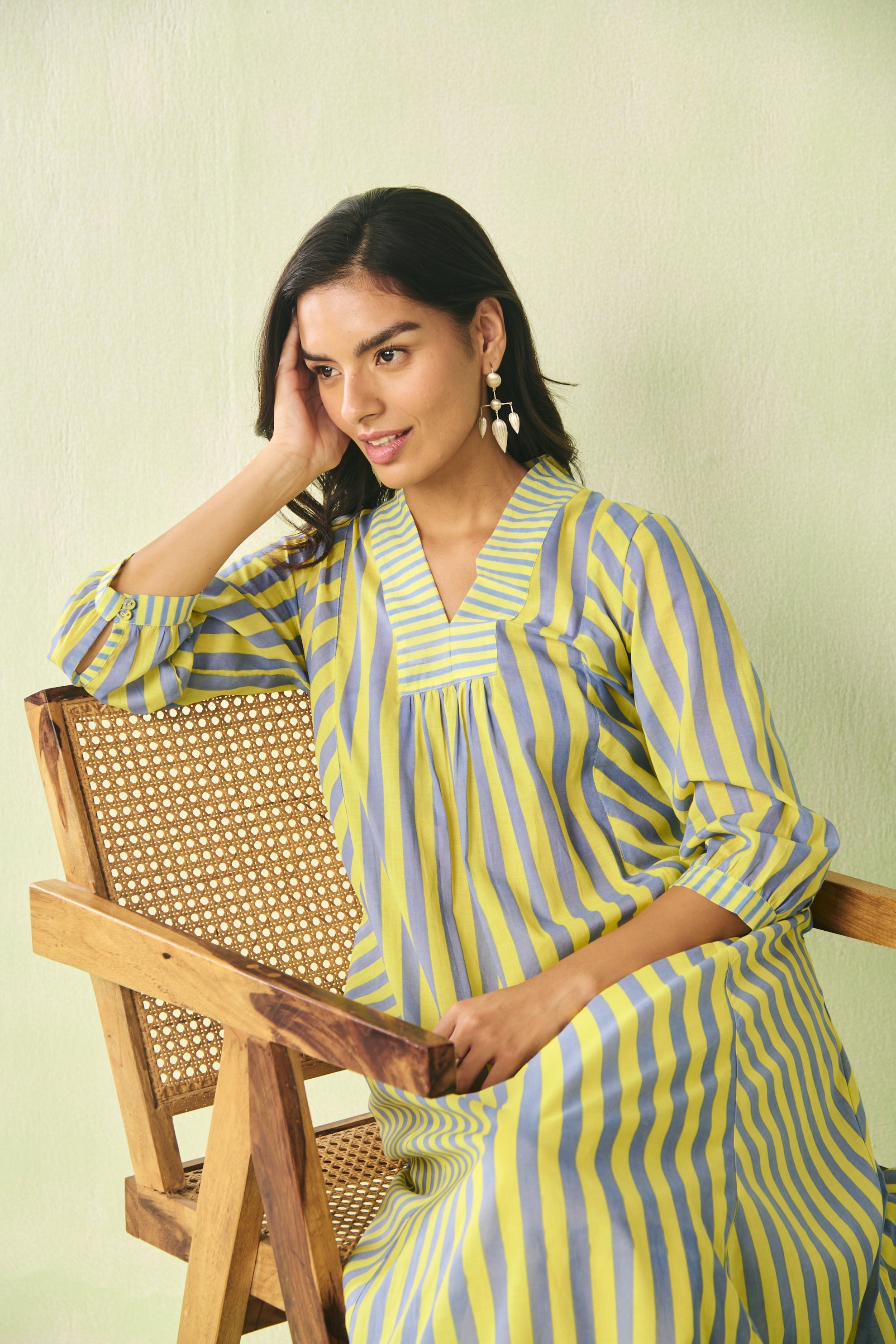 Yellow & Blue Striped Flared Cotton Kurta