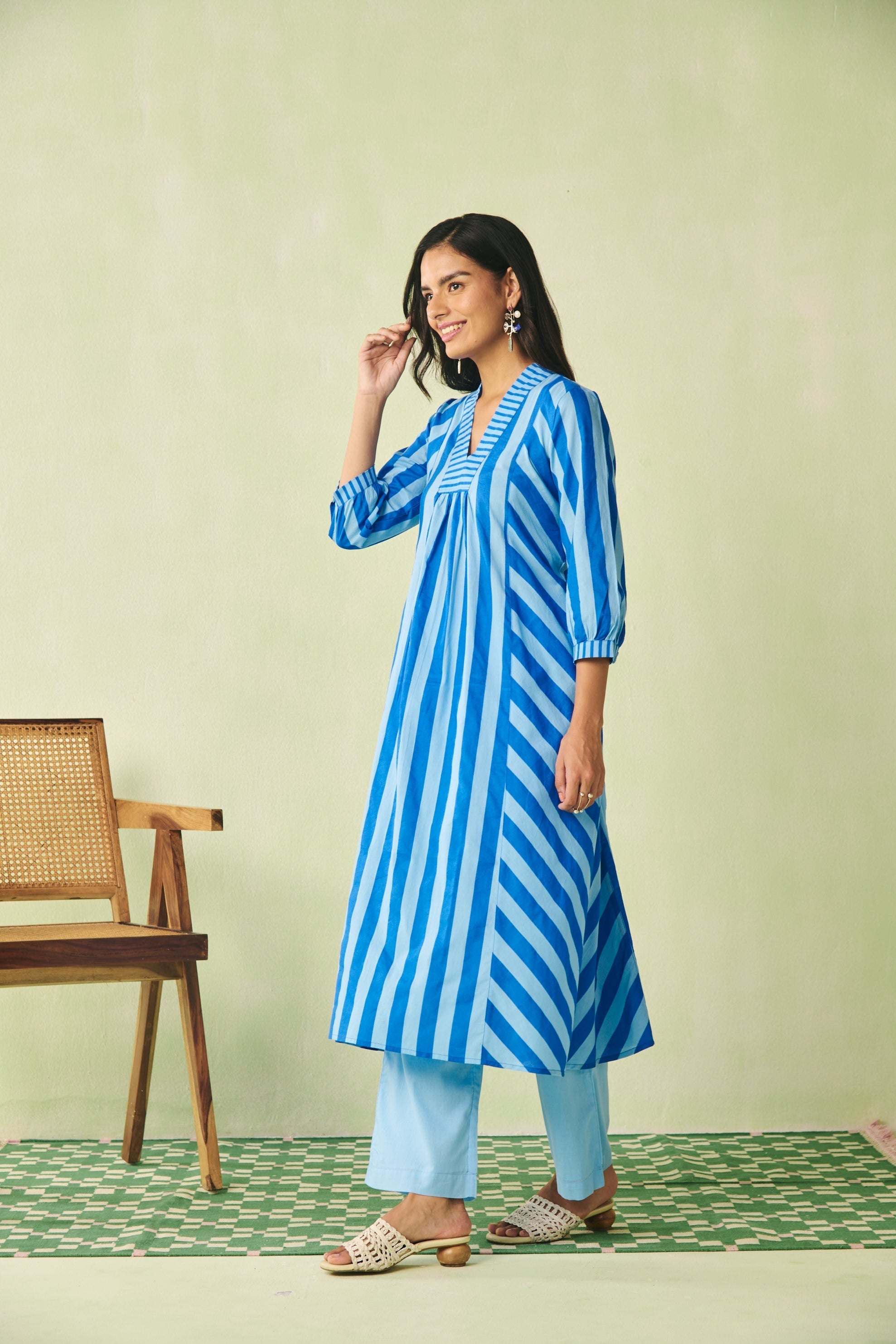 Breezy Yellow & Blue Striped Flared Cotton Kurta