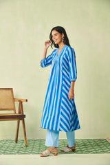 Breezy Yellow & Blue Striped Flared Cotton Kurta