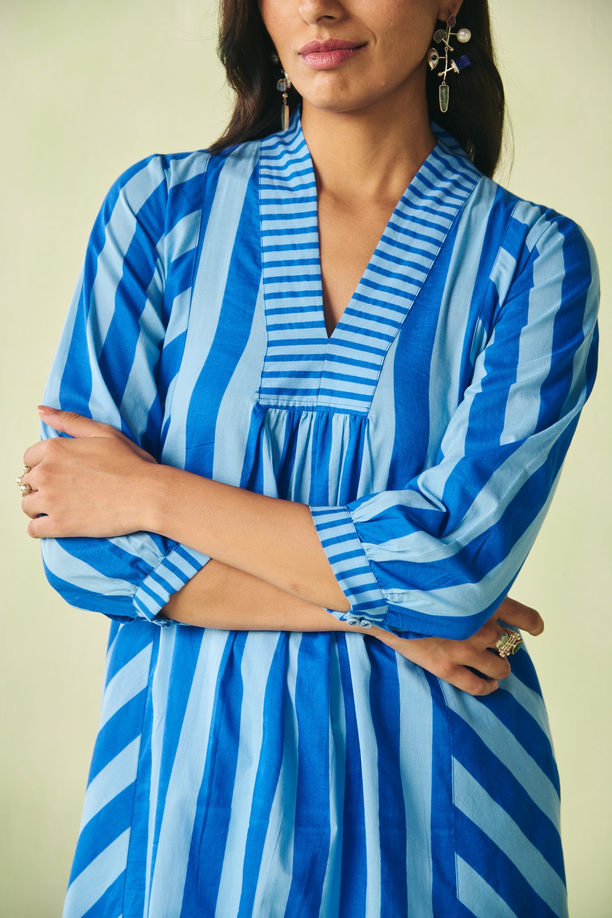 Breezy Yellow & Blue Striped Flared Cotton Kurta