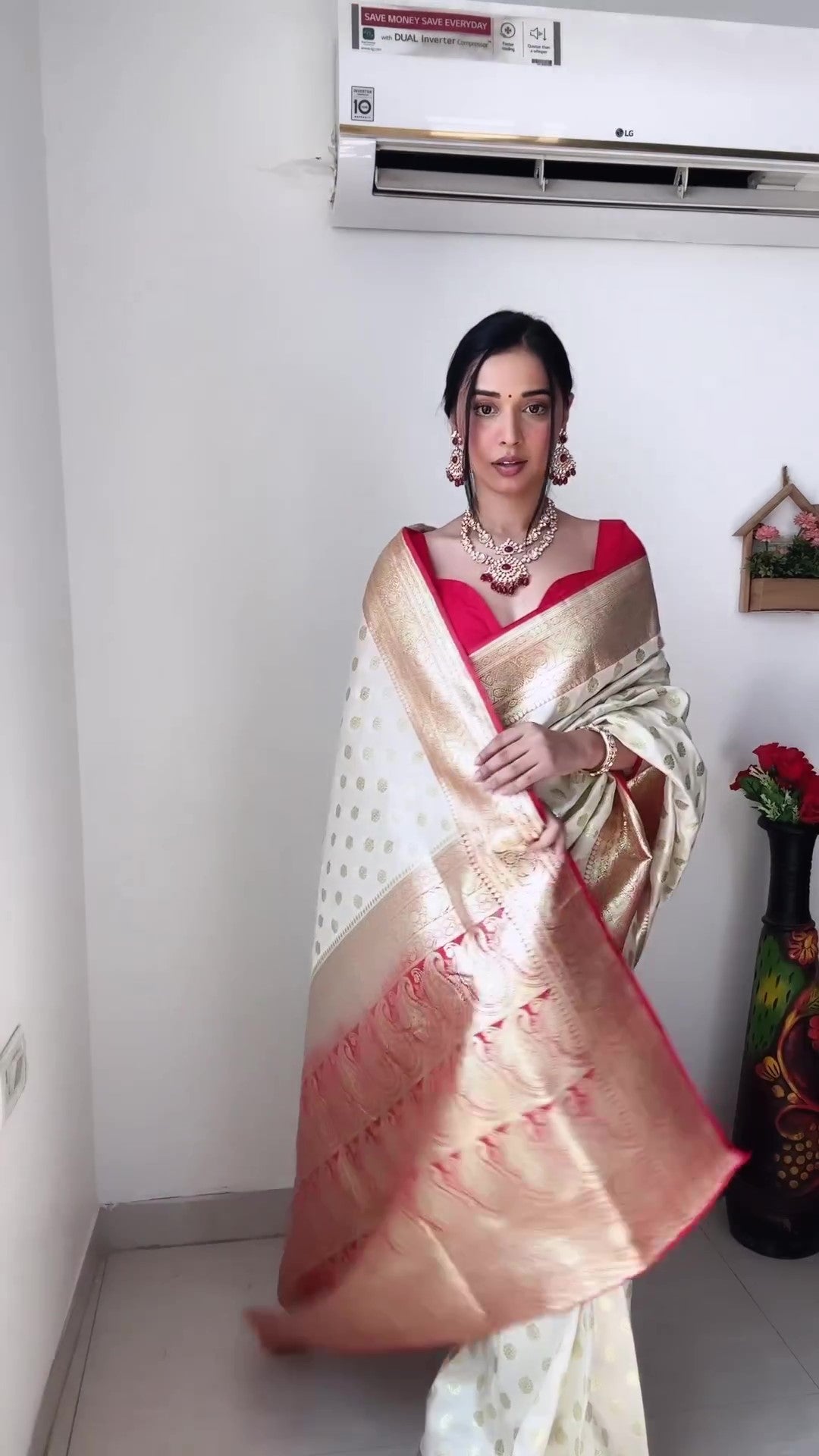 Elegant Beige Soft Silk Saree with Jacquard Work – Ready To Wear Stitched Saree with Unstitched Red Jacquard Blouse