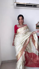 Elegant Beige Soft Silk Saree with Jacquard Work – Ready To Wear Stitched Saree with Unstitched Red Jacquard Blouse