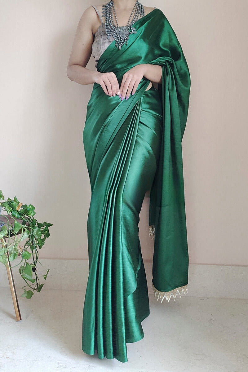 Elegant Forest Green Satin Silk Ready-to-Wear Saree
