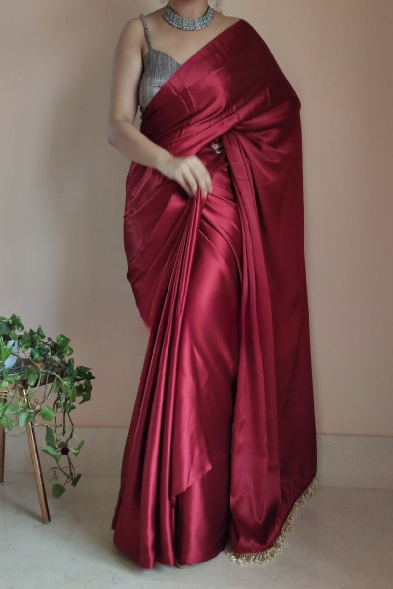 Elegant Maroon Satin Silk Saree with Plain Design – Stitched Saree with Blouse Piece
