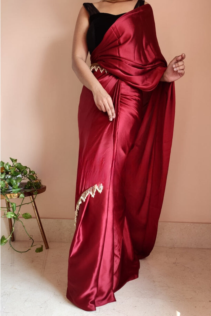 Elegant Maroon Satin Silk Saree with Plain Design – Stitched Saree with Blouse Piece