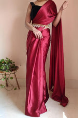 Elegant Maroon Satin Silk Saree with Plain Design – Stitched Saree with Blouse Piece