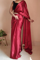 Elegant Maroon Satin Silk Saree with Plain Design – Stitched Saree with Blouse Piece