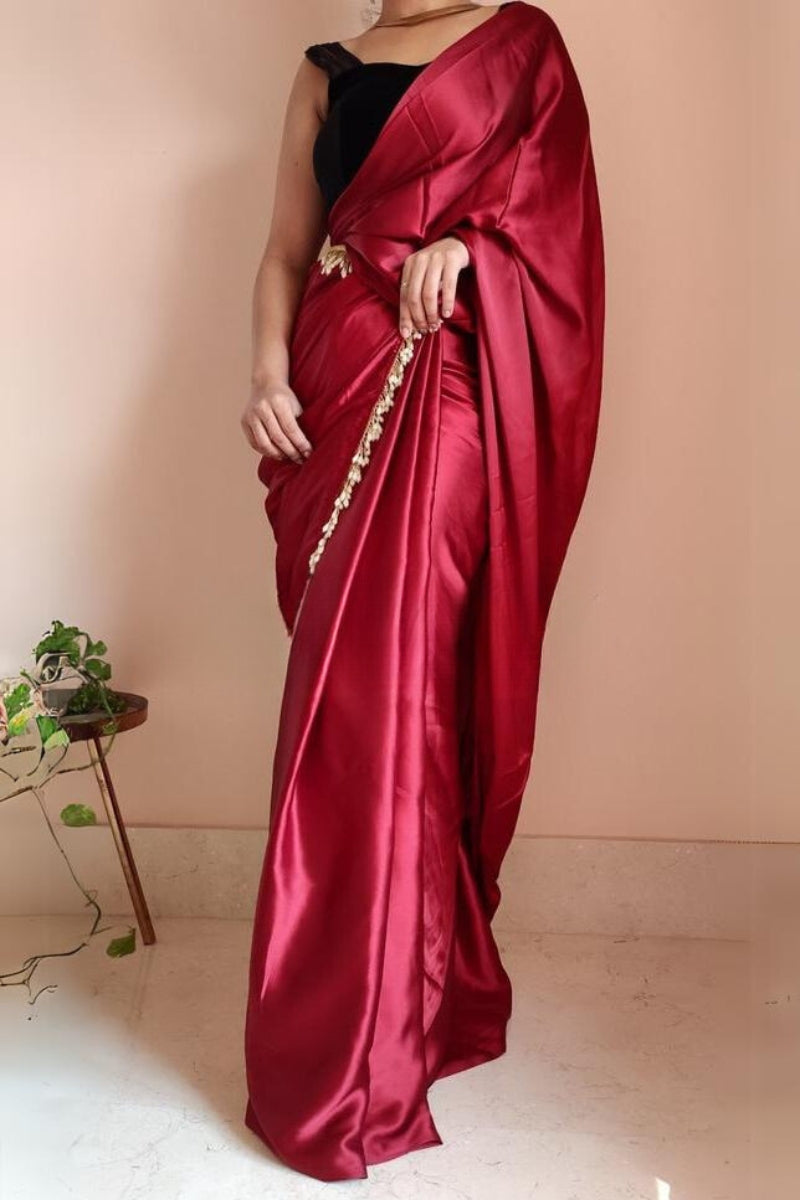 Elegant Maroon Satin Silk Saree with Plain Design – Stitched Saree with Blouse Piece