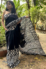 Black Mul Cotton Digital Printed Saree With Pocket