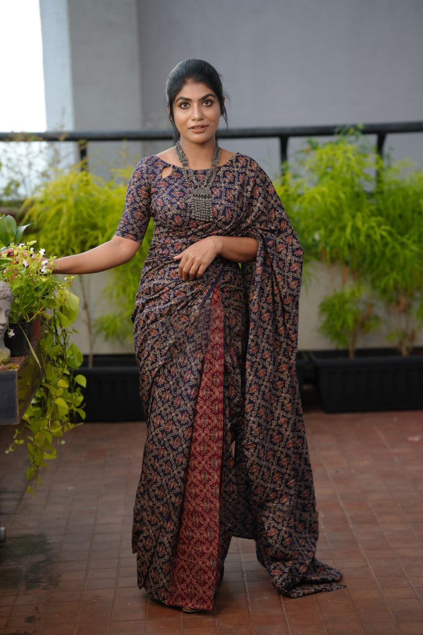Maroon Mul Cotton Digital Printed Saree with Pocket