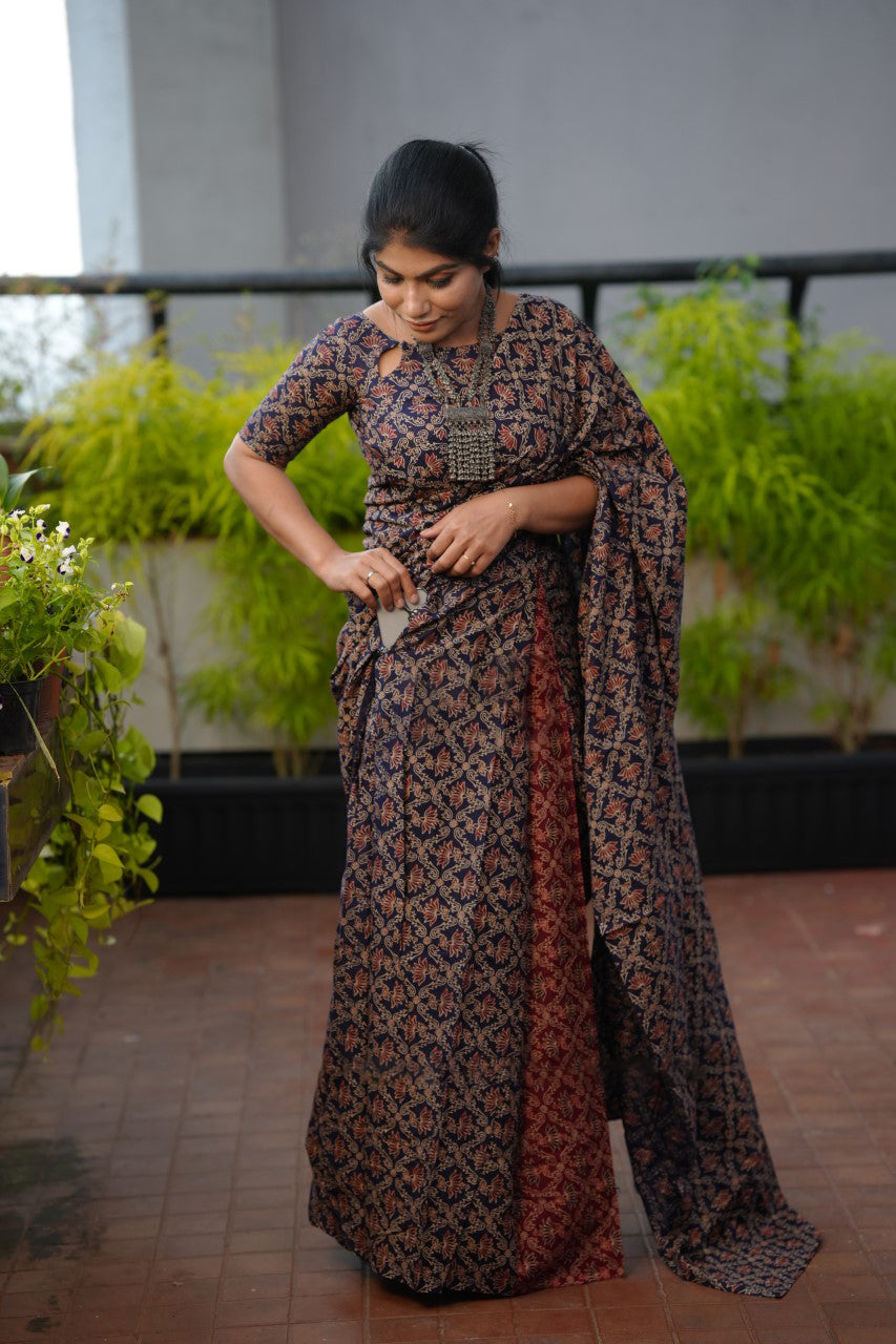 Maroon Mul Cotton Digital Printed Saree with Pocket