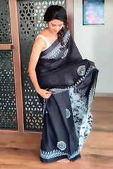 Black Mul Cotton Digital Printed Saree With Pocket