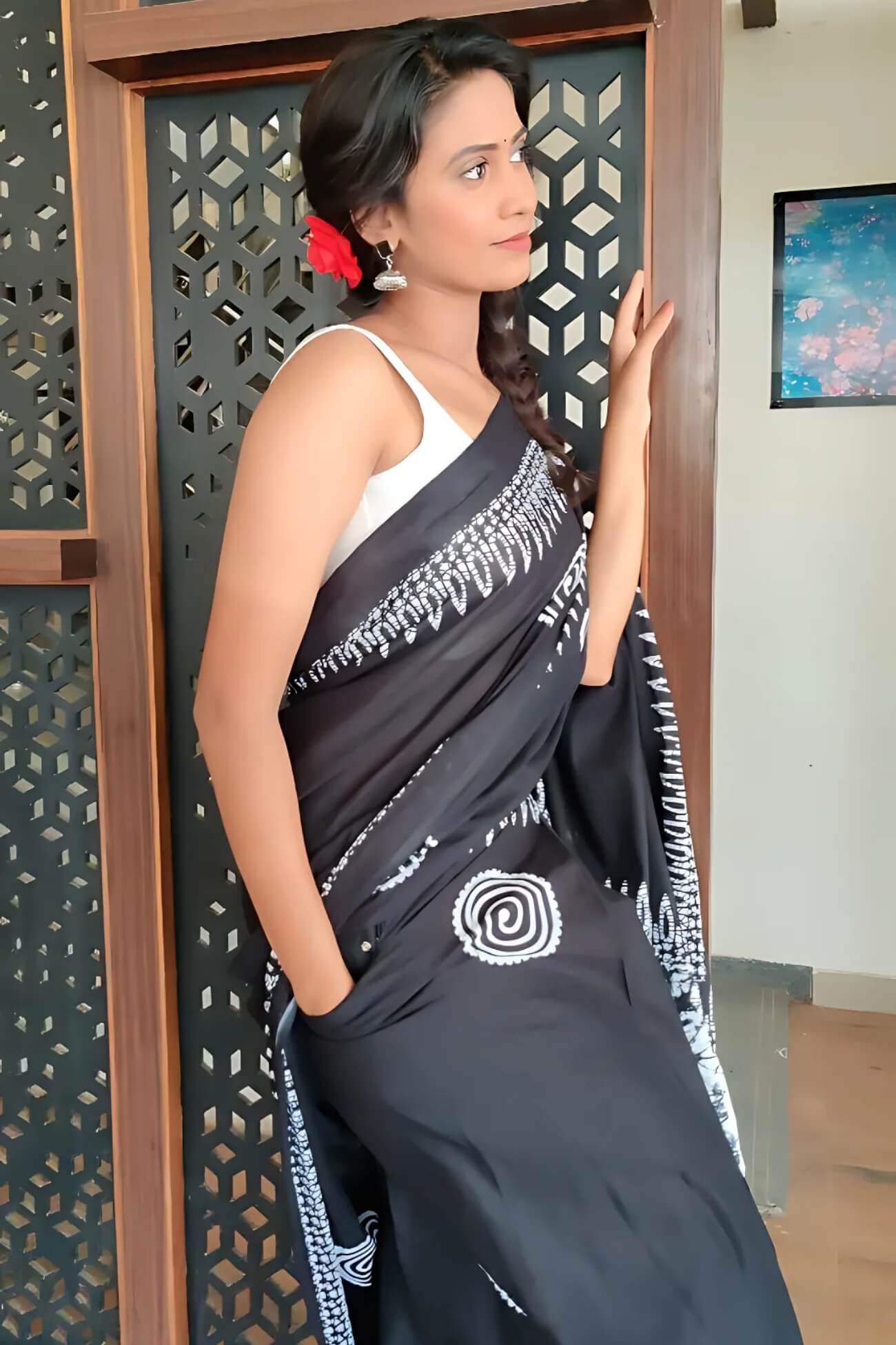 Black Mul Cotton Digital Printed Saree With Pocket