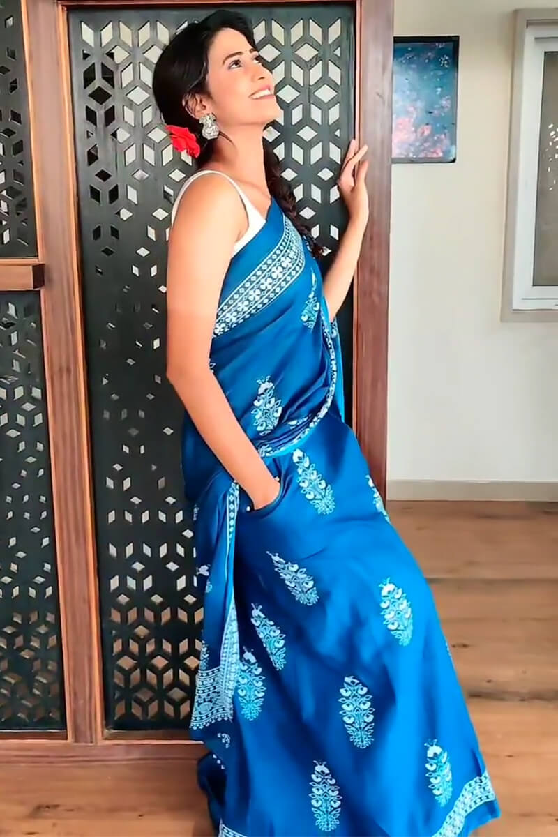 Blue Mul Cotton Digital Printed Saree With Pocket