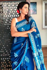 Blue Mul Cotton Digital Printed Saree With Pocket
