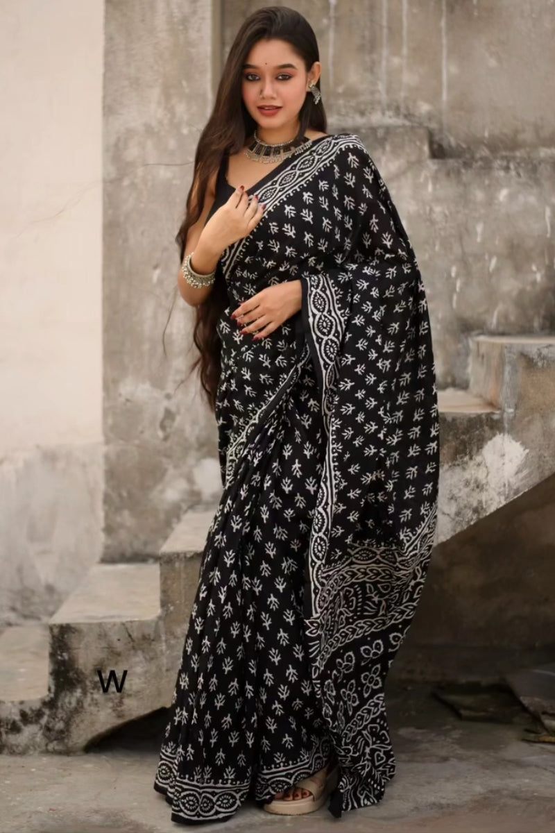 Elegant 1-Minute Ready-to-Wear Black Mul Cotton Digital Printed Saree