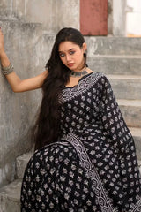 Elegant 1-Minute Ready-to-Wear Black Mul Cotton Digital Printed Saree