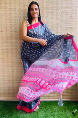 Navy Blue Mul Cotton Digital Printed Saree