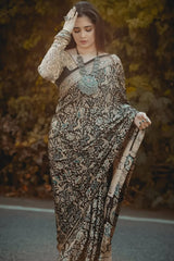 Gleaming Beige and Black  Digital Printed Crape Silk Saree