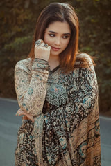 Gleaming Beige and Black  Digital Printed Crape Silk Saree