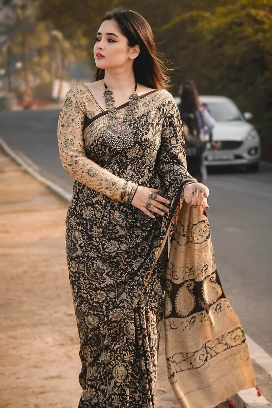 Gleaming Beige and Black  Digital Printed Crape Silk Saree