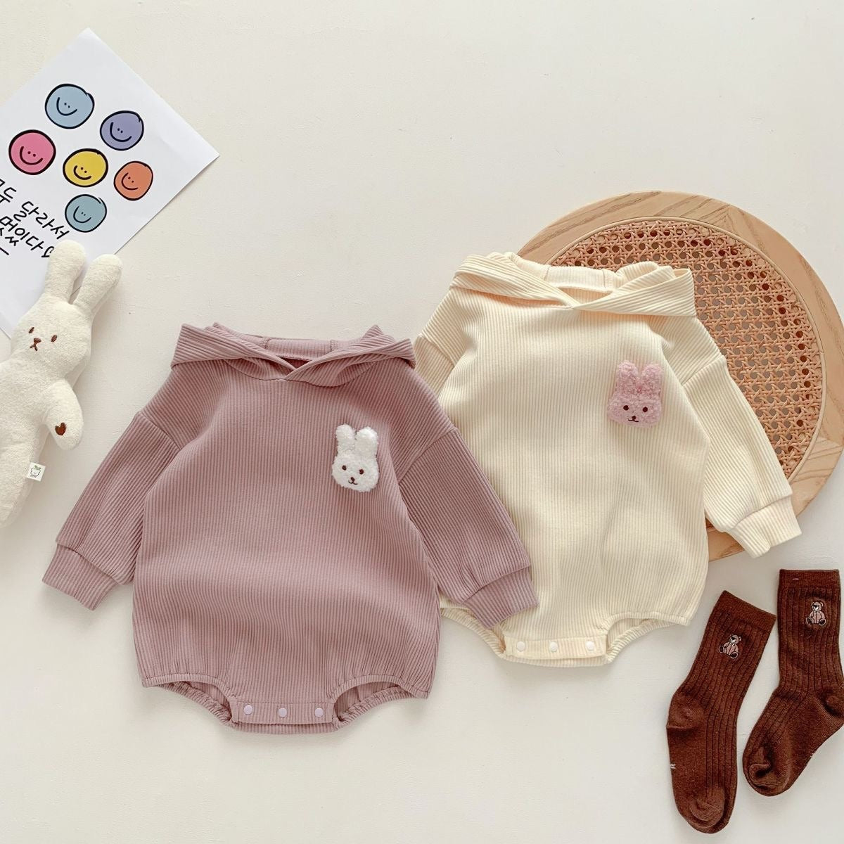 Rabbit Tail Hooded Baby Onesie – Unisex Cotton Blend Jumpsuit for Boys and Girls