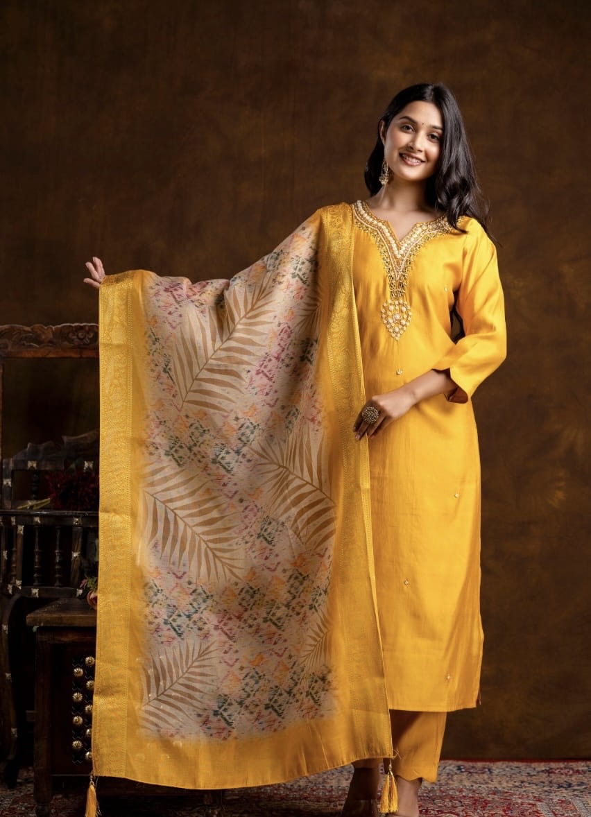 Radiant Yellow Floral Suit Set with Mirror & Moti Work
