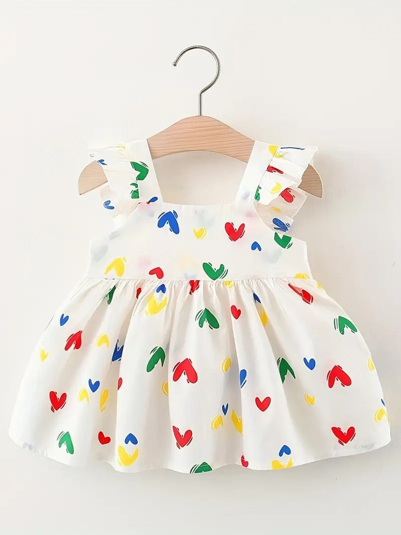 Rainbow Colourful Cotton Girls Hearts Dress – Soft Cotton Party Outfit