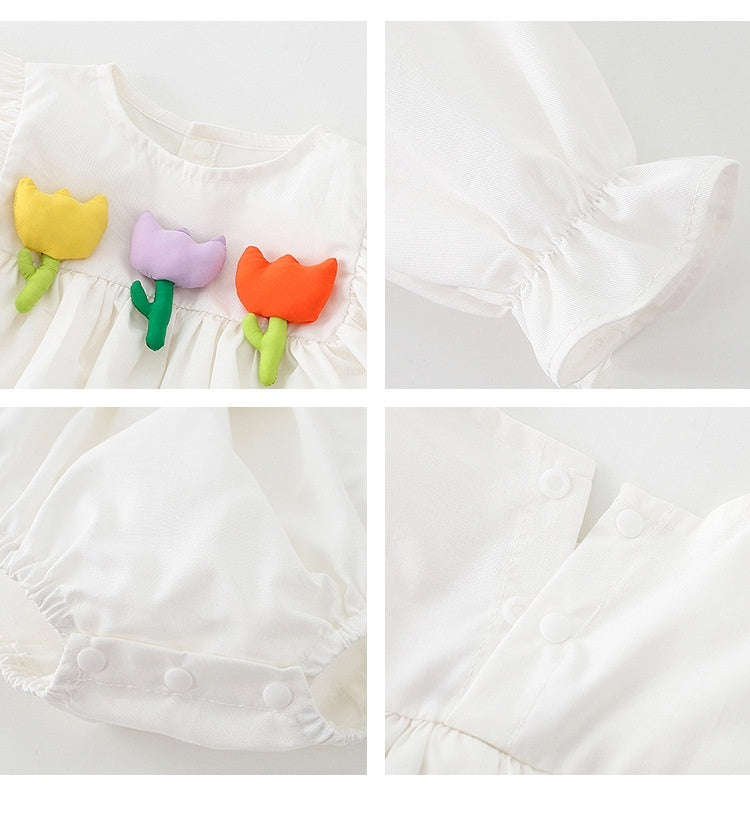Rainbow Flower Matching Girls Romper and Dress – Soft Cotton Summer Outfit